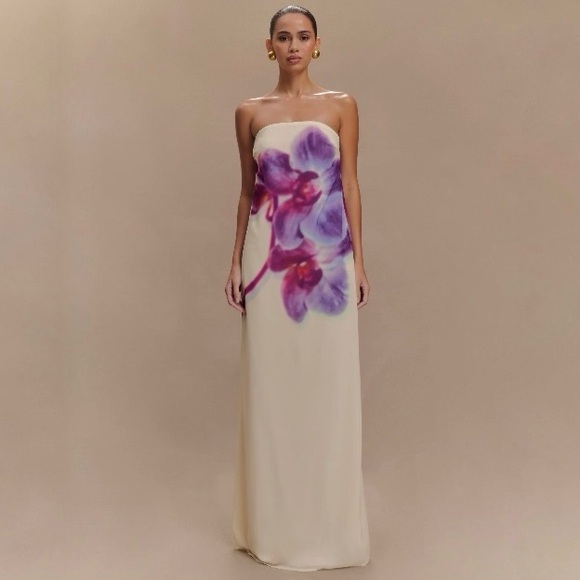 Meshki Dresses & Skirts - Meshki AMAYA Strapless Chiffon Maxi Dress - Ivory Koi Orchid Print